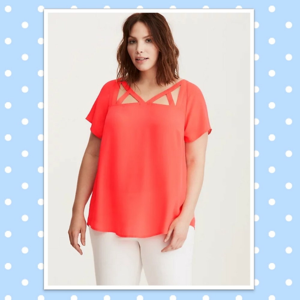 Torrid Georgette Cage Front Top- Neon Coral